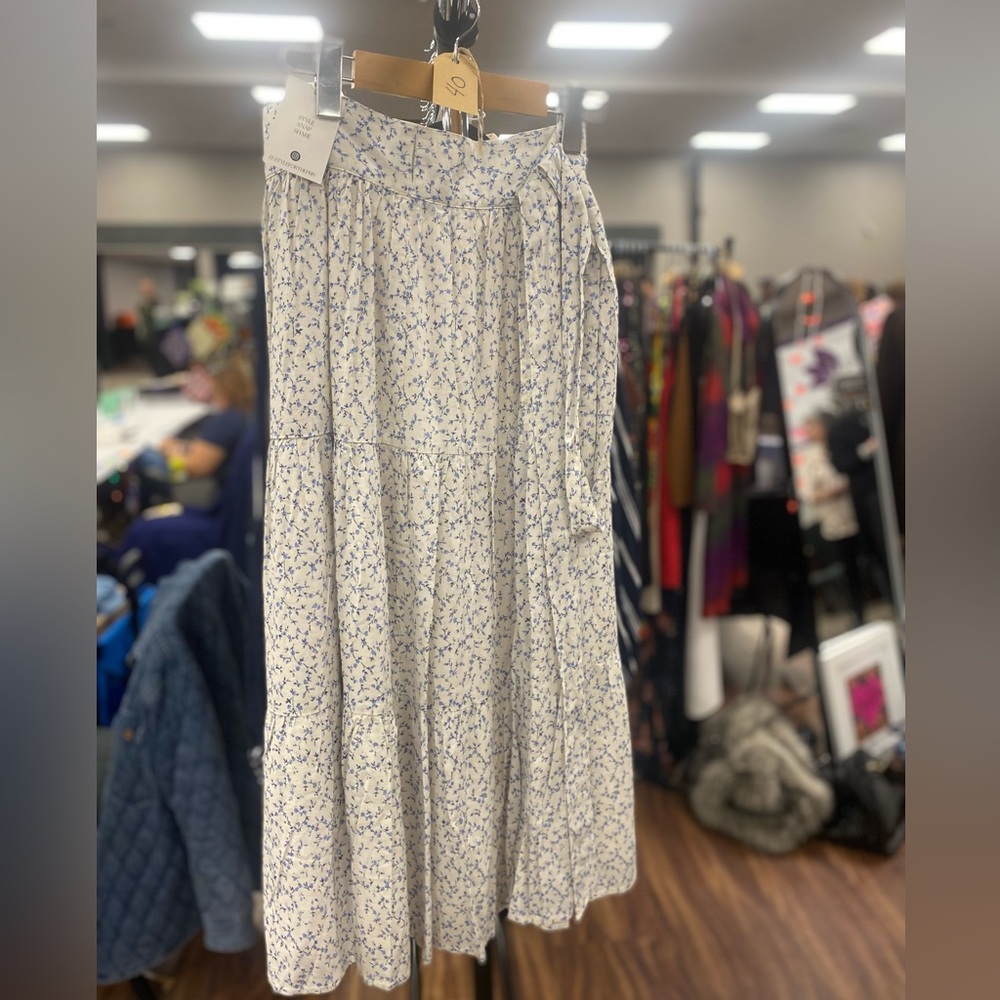 Cream Maxi Skirt with Blue Floral Pattern and Tie Waist